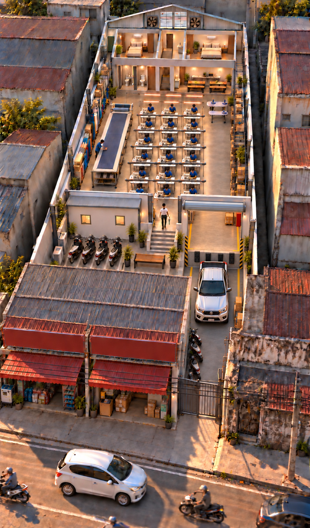 ภาพมุมสูงของโรงงาน เปิดหลังคาให้เห็นผังภายใน